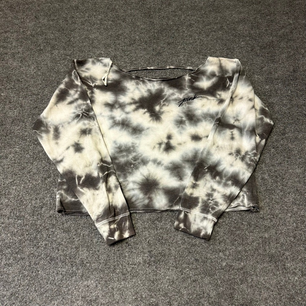 Pink Sweatshirt Womens Size S Grey Tie Dye Cropped V-Neck Strap Back Pullover